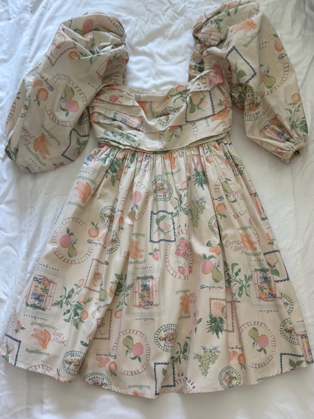 Girls' Peach Print Puff Sleeve Dress - Cream